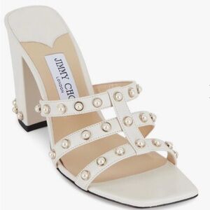 NIB Jimmy Choo Hazal 85 Latte Nappa Caged Mules With Pearl Studs In Cream